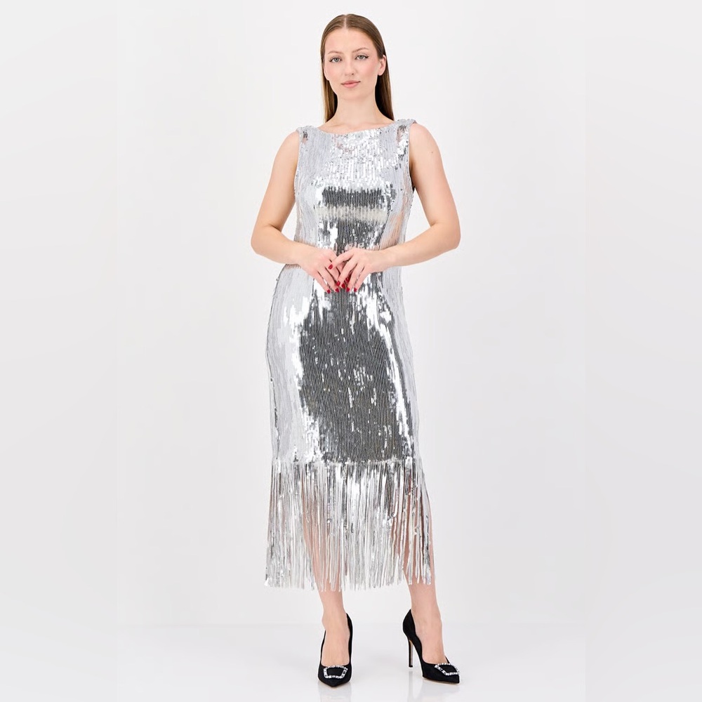Nanette Lepore Silver Sequin Fringe Dress | Size 8 | NWT